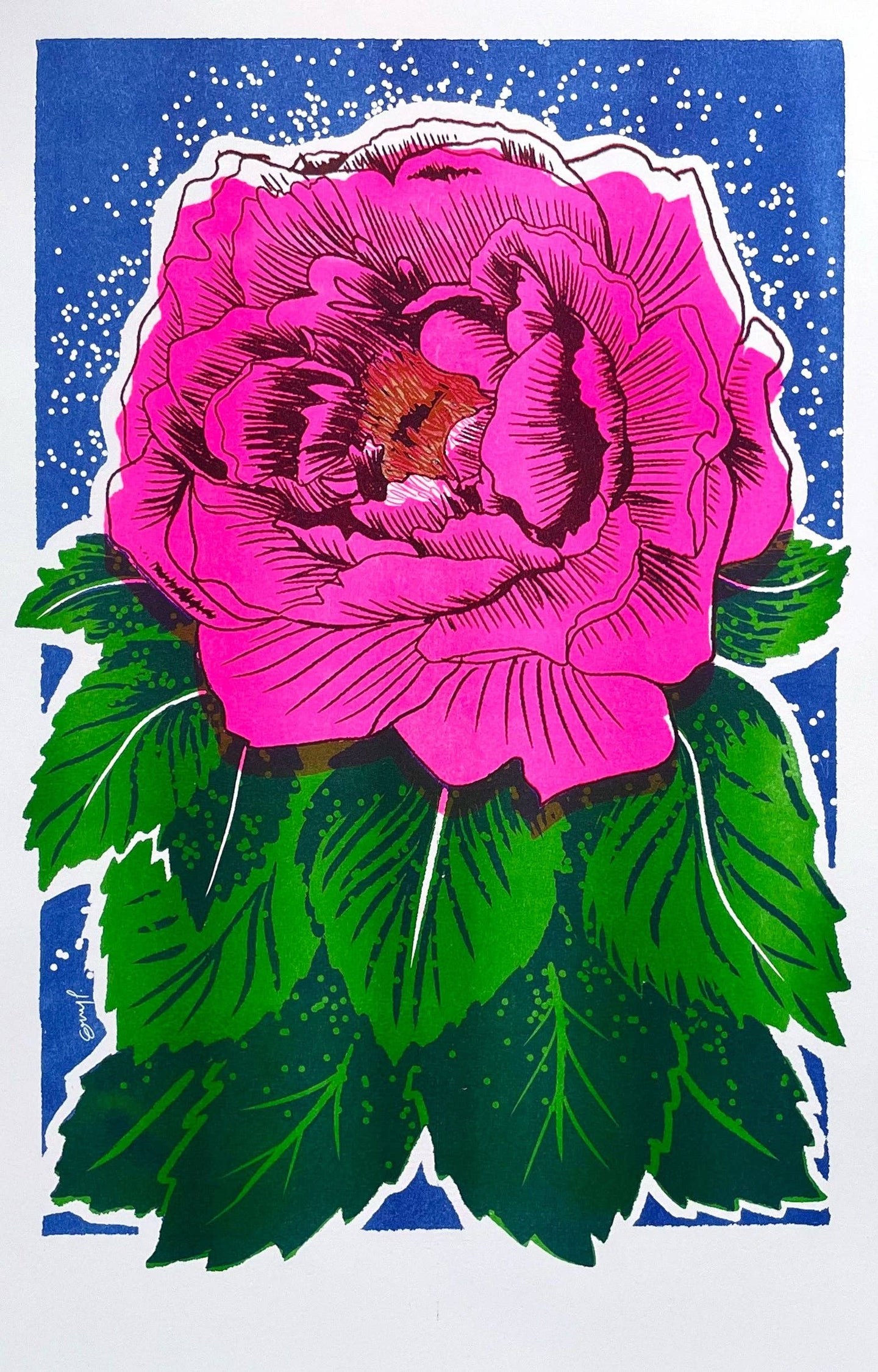 Blue Peony Risograph Print