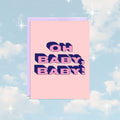 A pink greeting card with a light purple envelope. The card features the text "OH BABY, BABY!" in bold, navy blue, and slightly overlapping letters with a 3D effect.