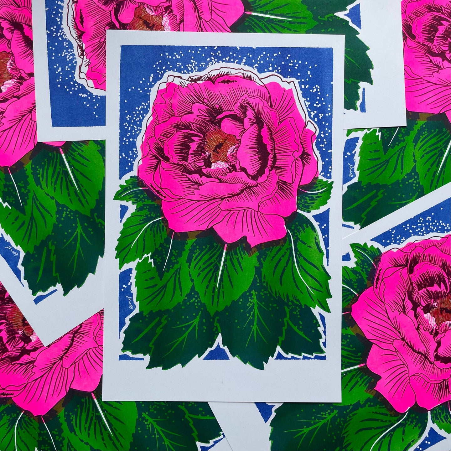 Blue Peony Risograph Print