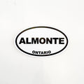Oval-shaped sticker with 'ALMONTE ONTARIO' text on a white background