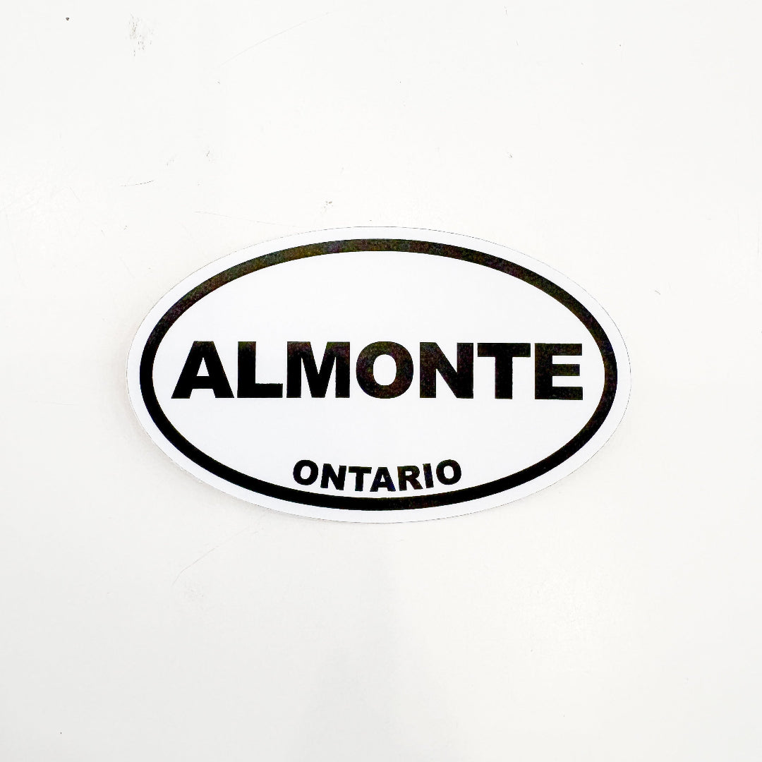 Oval-shaped sticker with 'ALMONTE ONTARIO' text on a white background