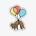 A whimsical sticker featuring a cartoon dachshund dog, colored brown, with three colorful balloons (yellow, orange, and blue) tied to its back, all outlined in black on a white background.