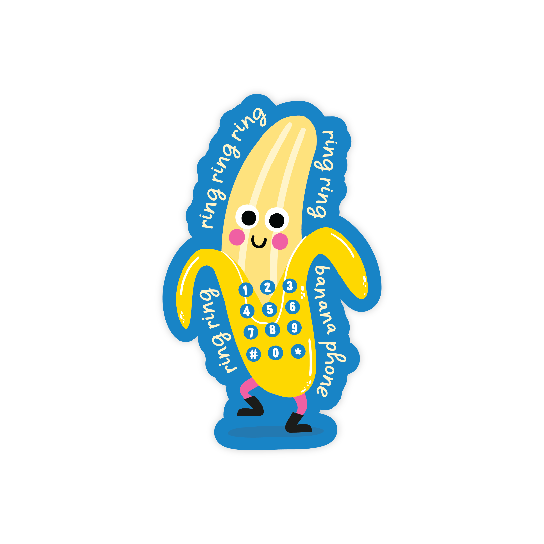 Sticker of a banana phone character with a blue border on a white background