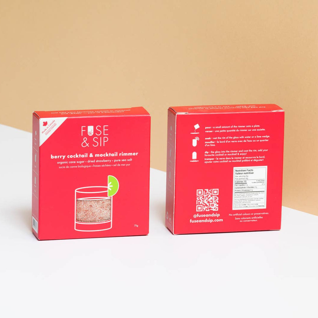Two red boxes labeled 'Rose & Sip' on a white surface with a beige background