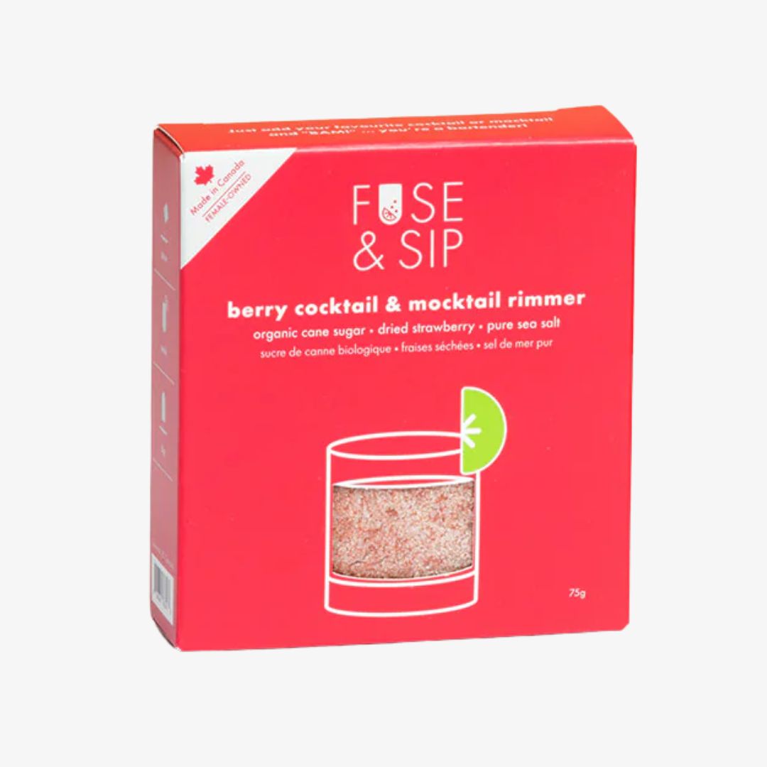 Red packaging of 'Fuse & Sip' berry cocktail and mocktail rimmer on a white background