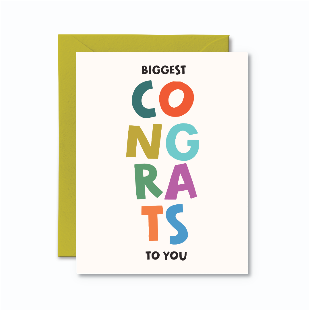 Greeting card with colorful text 'BIGGEST CONGRATS TO YOU' on a white background