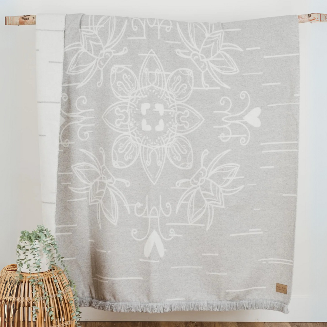 The Birch Bark Reversible Blanket by Mini Tipi, featuring a delicate white birch bark-inspired pattern on a grey background, hanging from a wooden rod. This reversible blanket is available in Ottawa, Ontario, Canada.