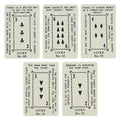 A greeting card with a dark grey background and a decorative white border at the top. The text "PICK A CARD" is at the top, followed by "BRIGHTEN UP YOUR DAY, AN UNEXPECTED SECRET REVEALED." Below the text are five fan-arranged cards with a yellow and white patterned back, held by a paperclip. A second image shows five individual fortune cards, each resembling a playing card with suit symbols and text. The fortunes include messages like "YOUR LUCK IS ABOUT TO CHANGE," "ALL YOUR DREAMS WILL COME TRUE," and "