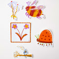 Set of colorful children's stickers featuring a bee, flowers, and a ladybug on a white background.
