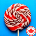 Red and white striped lollipop on a blue background with a logo for Voll's Confections.