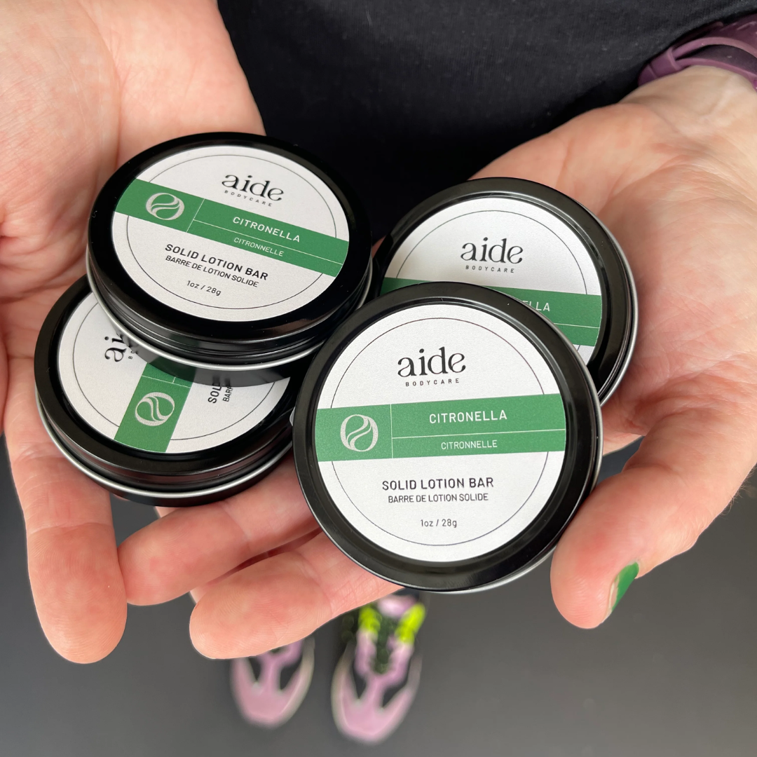 Citronella Natural Bug Repellent Lotion Bar, a solid hand lotion infused with citronella, lemon eucalyptus, and peppermint oil to act as a natural bug repellent.