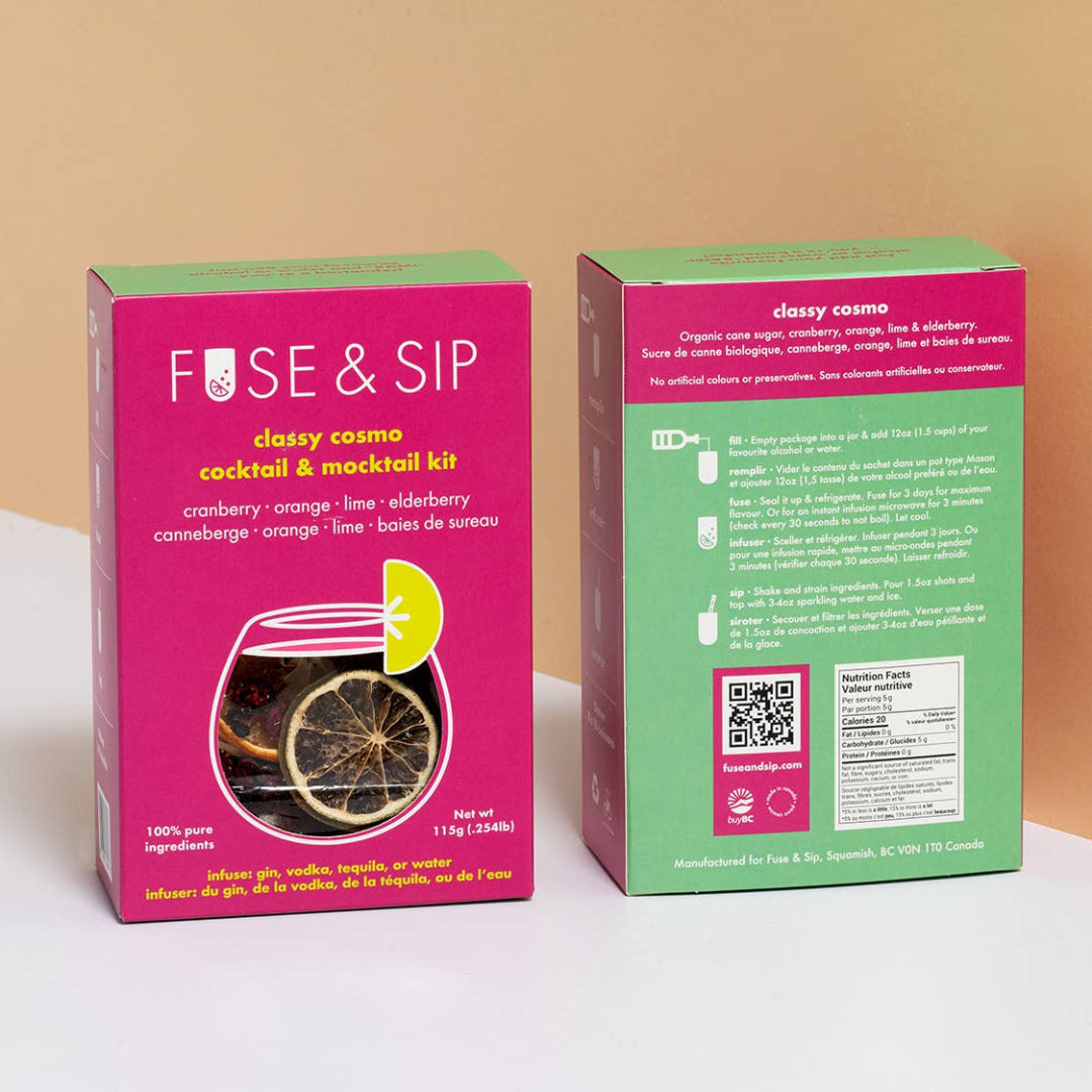 Fuse & Sip cocktail and mocktail kit packaging on a beige background
