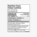 Nutrition facts label with serving size and calorie information on a white background
