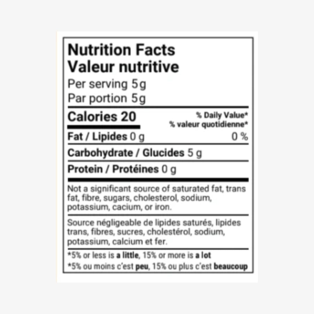 Nutrition facts label with serving size and calorie information on a white background