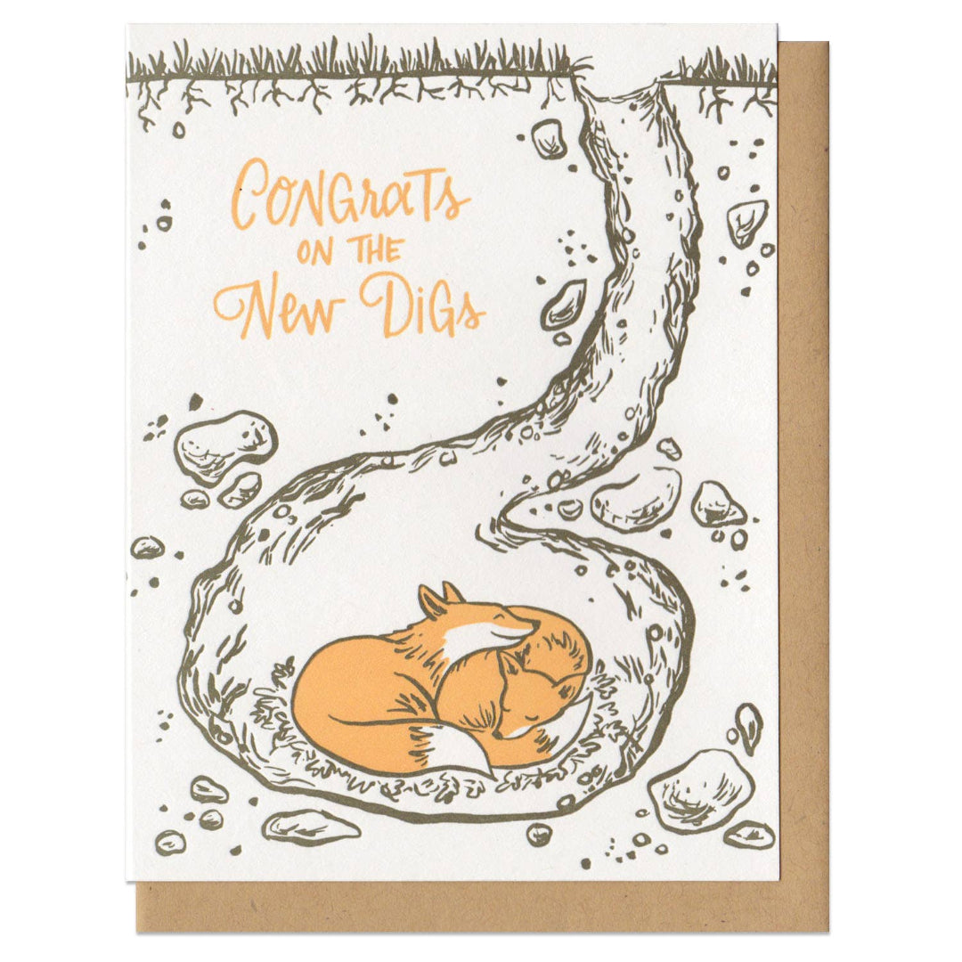Greeting card with a fox illustration and 'Congrats on the New Digs' text.