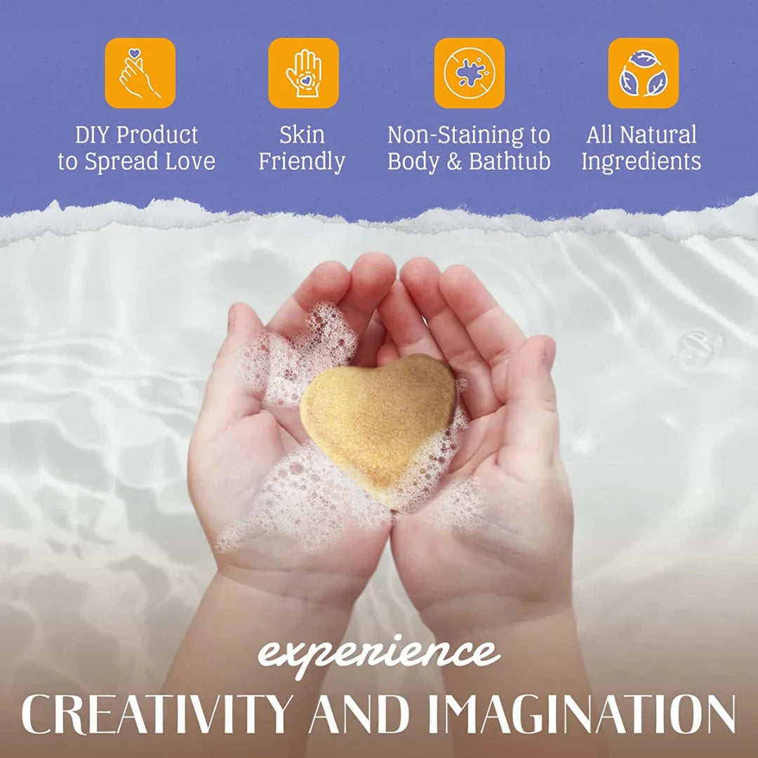 A cardboard box containing a Kiss Naturals Bath Bomb Kit. The box is green and white with the product name and a colorful illustration of bath bombs. It states that the kit is 100% natural, made in Canada, and suitable for ages 6 and up.