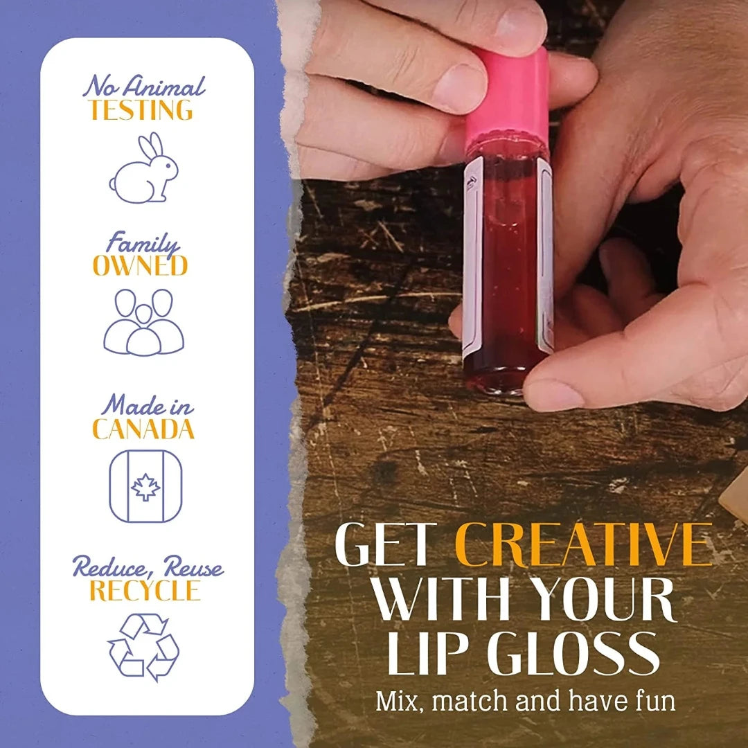 A cardboard box containing a Kiss Naturals Lava Lip Gloss Kit. The box is orange and white with the product name and a colorful illustration of a dragon. It states that the kit is 100% natural, made in Canada, and suitable for ages 6 and up.