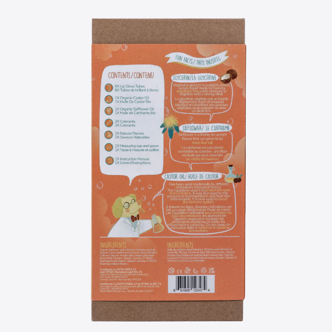 A cardboard box containing a Kiss Naturals Lava Lip Gloss Kit. The box is orange and white with the product name and a colorful illustration of a dragon. It states that the kit is 100% natural, made in Canada, and suitable for ages 6 and up.