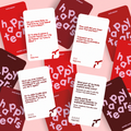 Happy Tears Intimate Connections card game, Ottawa. Red conversation cards in grey drawstring bag. 'Happy Tears' logo, bilingual text: 'For Intimate connections', 'Pour les connexions intimes'. Fun card game for couples.