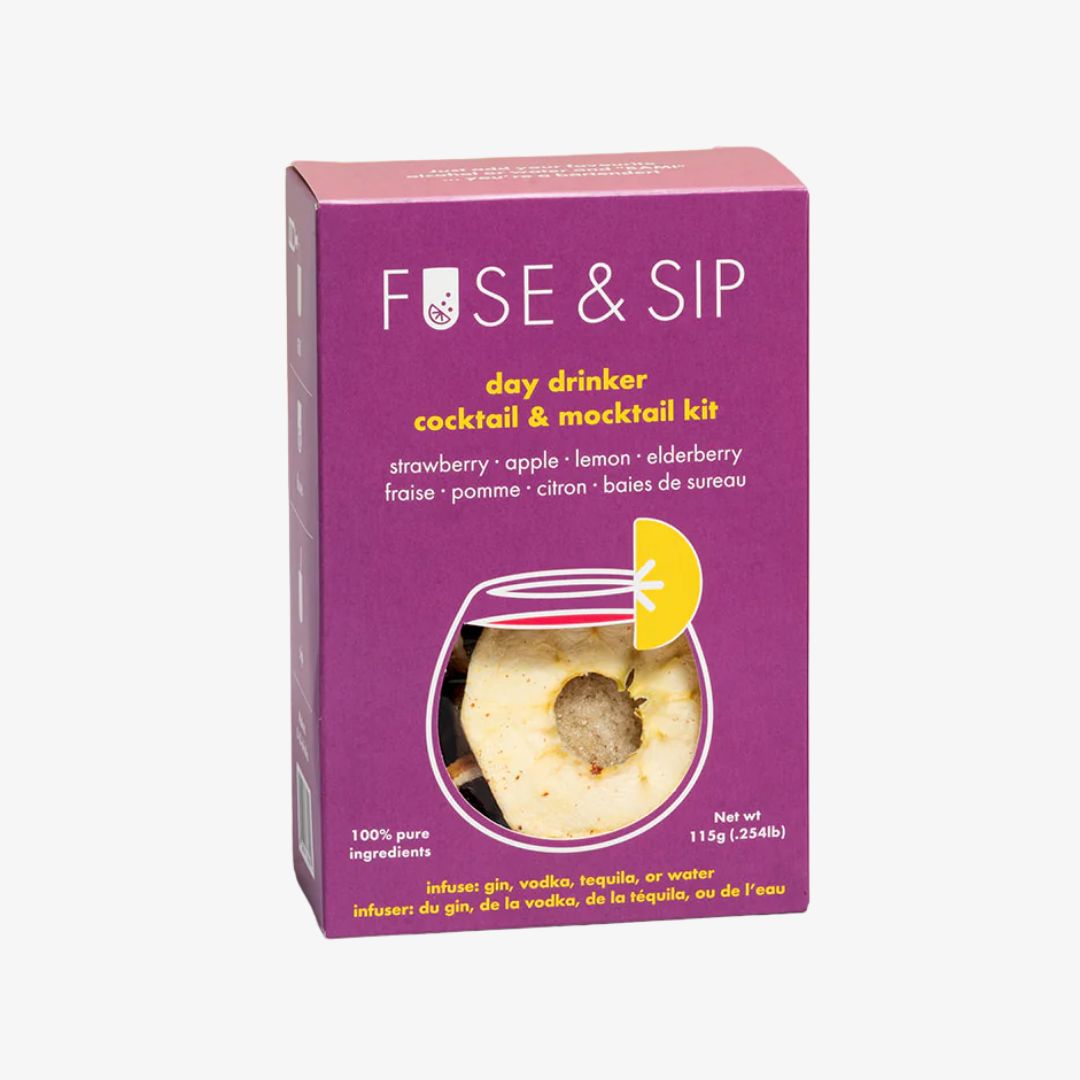 Purple packaging of a cocktail and mocktail kit with fruit illustration on a white background