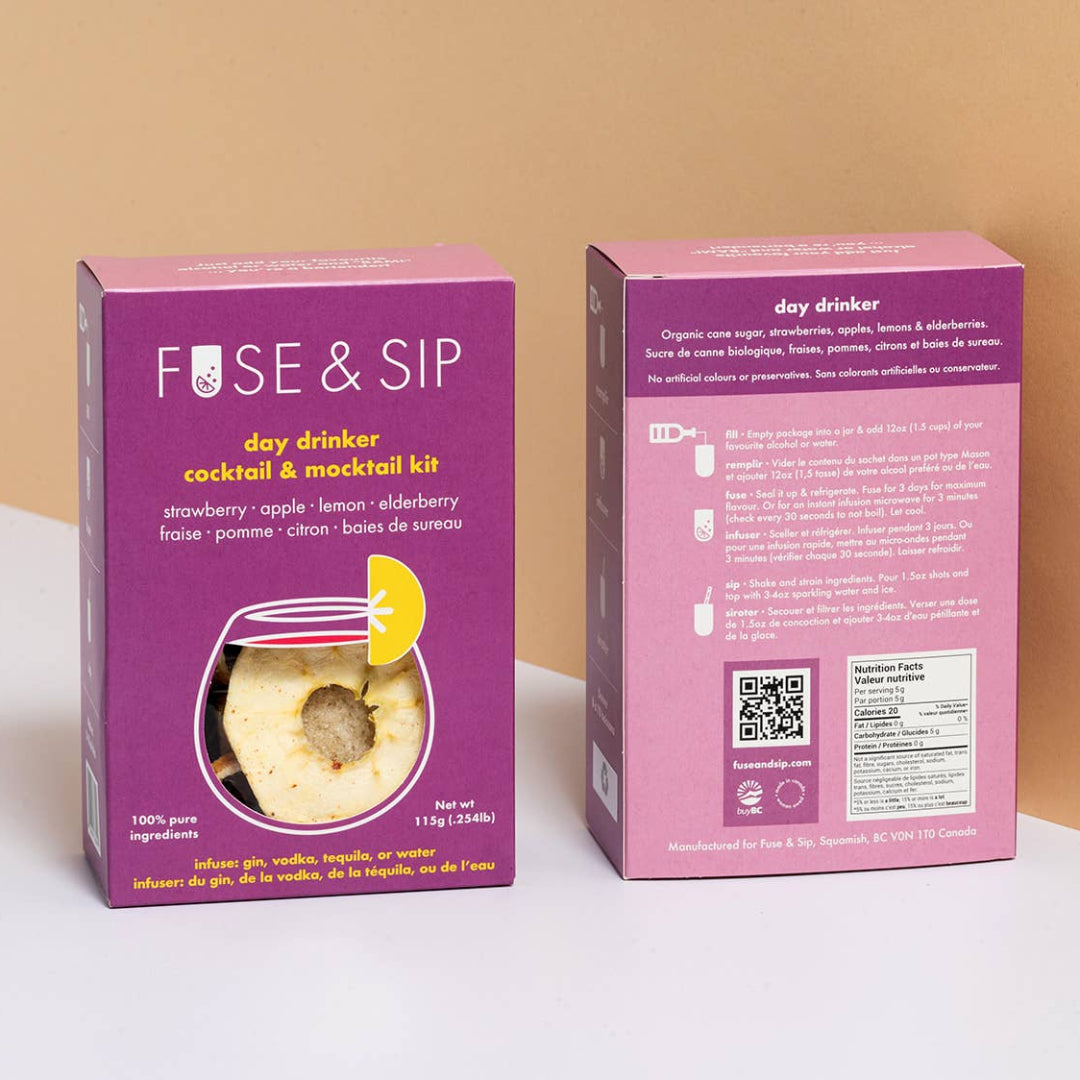 Fuse & Sip day drinker cocktail mocktail kit packaging on a beige background