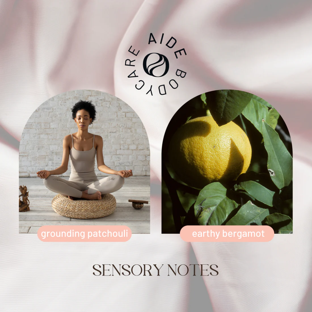 A bar of Aide Bodycare Desert Patchouli Soap, featuring a light beige and dark gray swirled pattern and a paper label with the 'aide' logo and 'Desert Patchouli' text, displayed on a light-colored surface with a shadow overlay. The soap is natural and handmade, available in Mississippi Mills, Ontario, Canada.