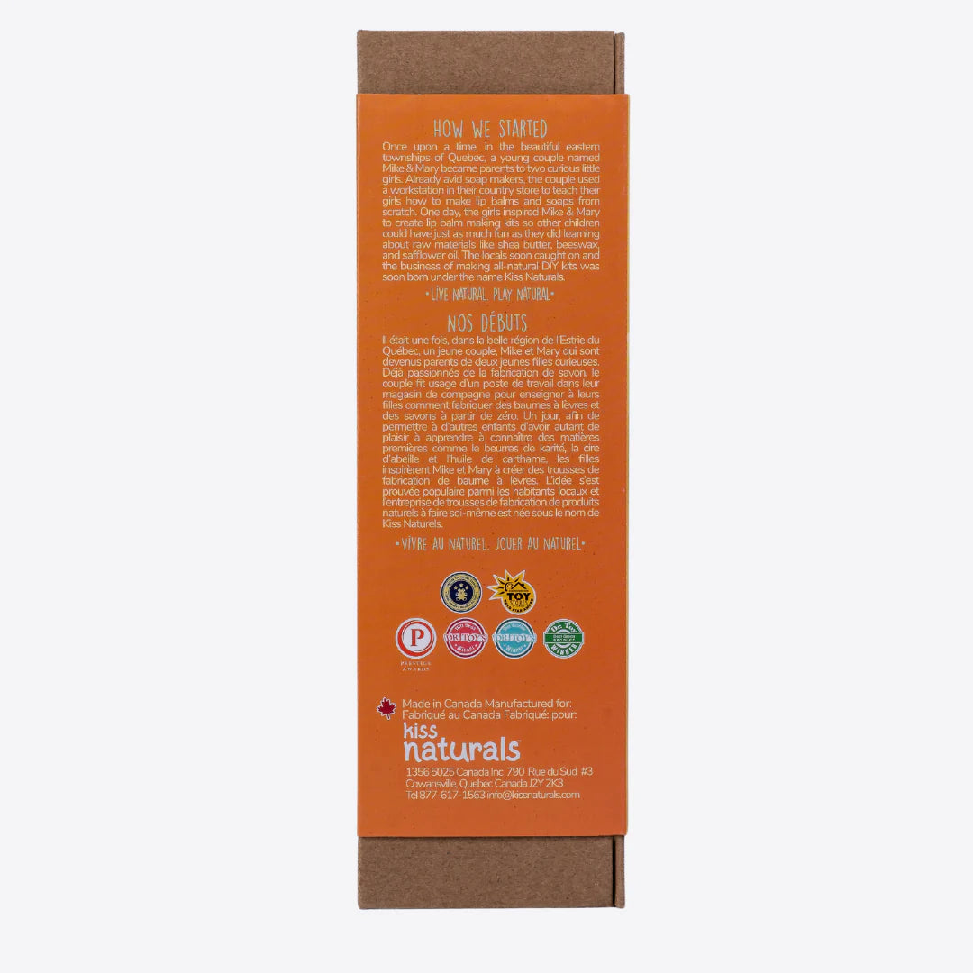 A cardboard box containing a Kiss Naturals Lip Balm Kit. The box is yellow and white with the product name and a colorful illustration of bees. It states that the kit is 100% natural, made in Canada, and suitable for ages 6 and up.