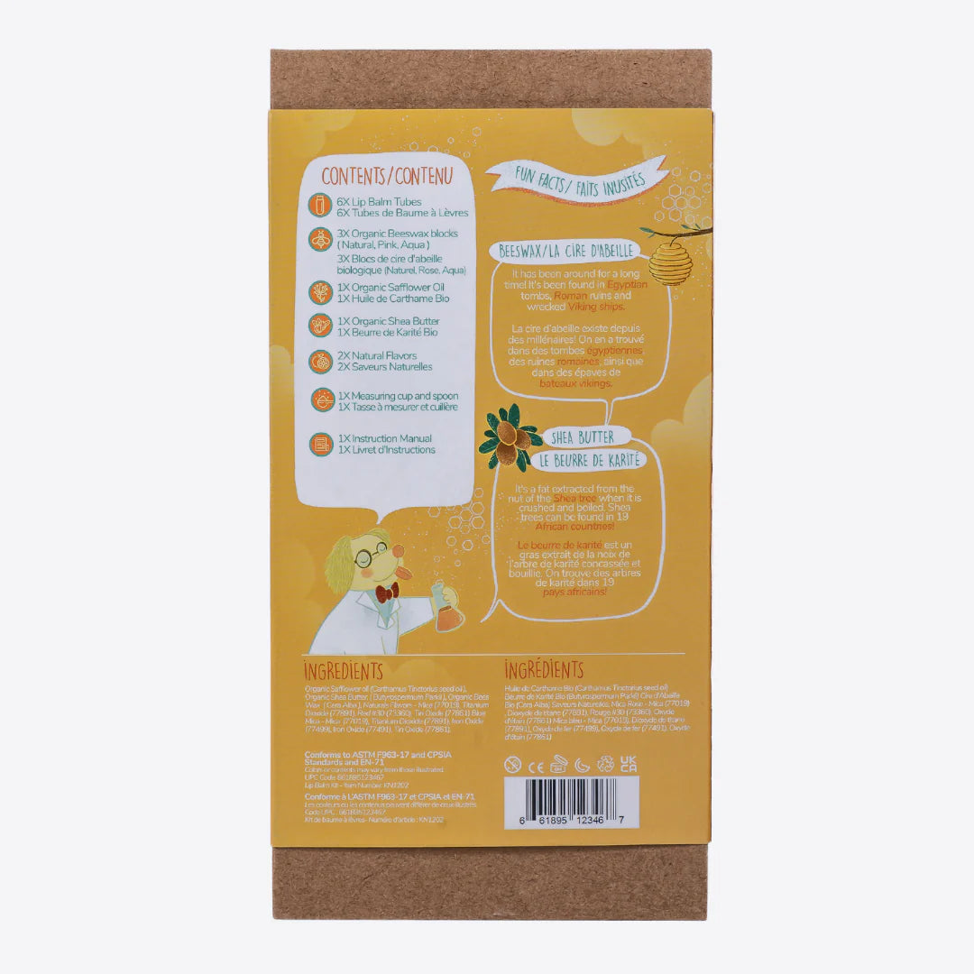 A cardboard box containing a Kiss Naturals Lip Balm Kit. The box is yellow and white with the product name and a colorful illustration of bees. It states that the kit is 100% natural, made in Canada, and suitable for ages 6 and up.