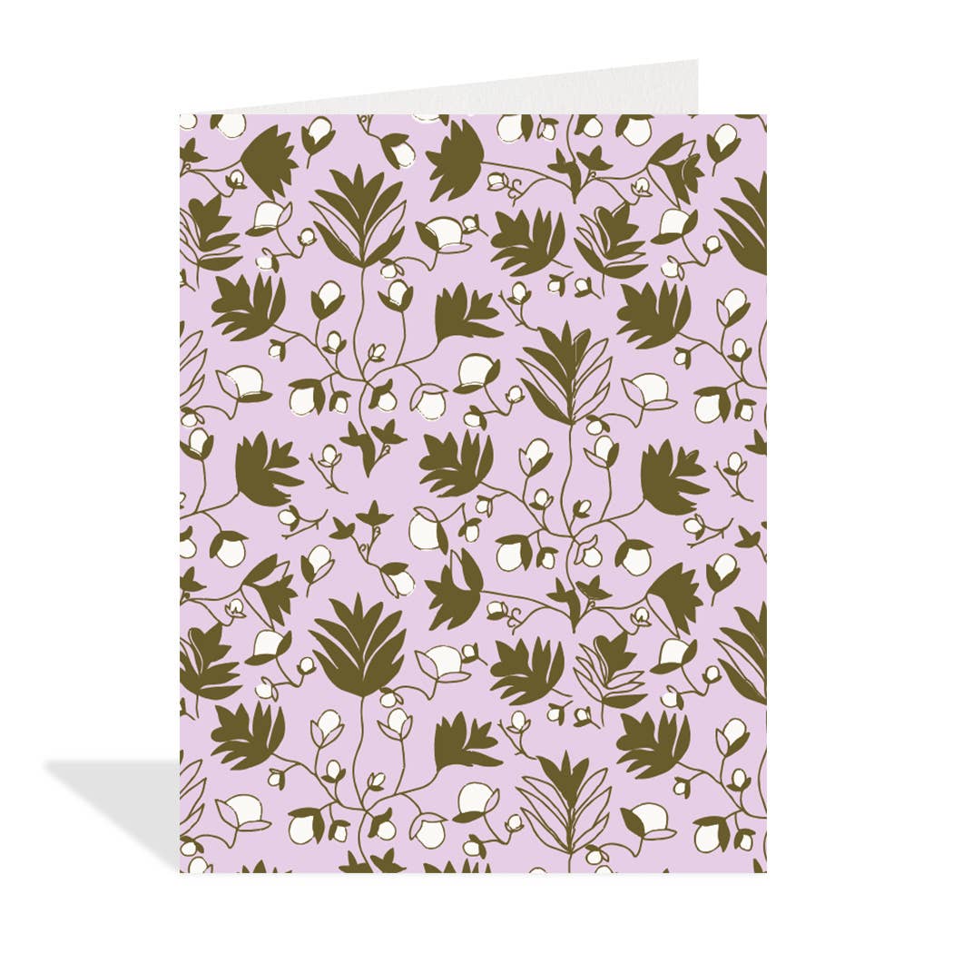 Greeting card with a floral pattern on a light purple background