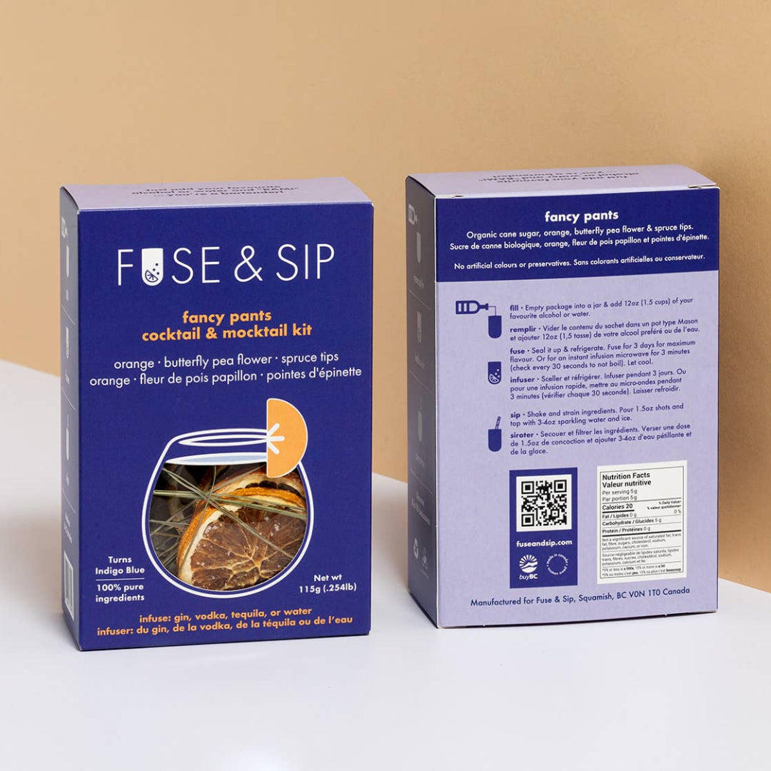 Fuse & Sip cocktail and mocktail kit packaging on a beige background