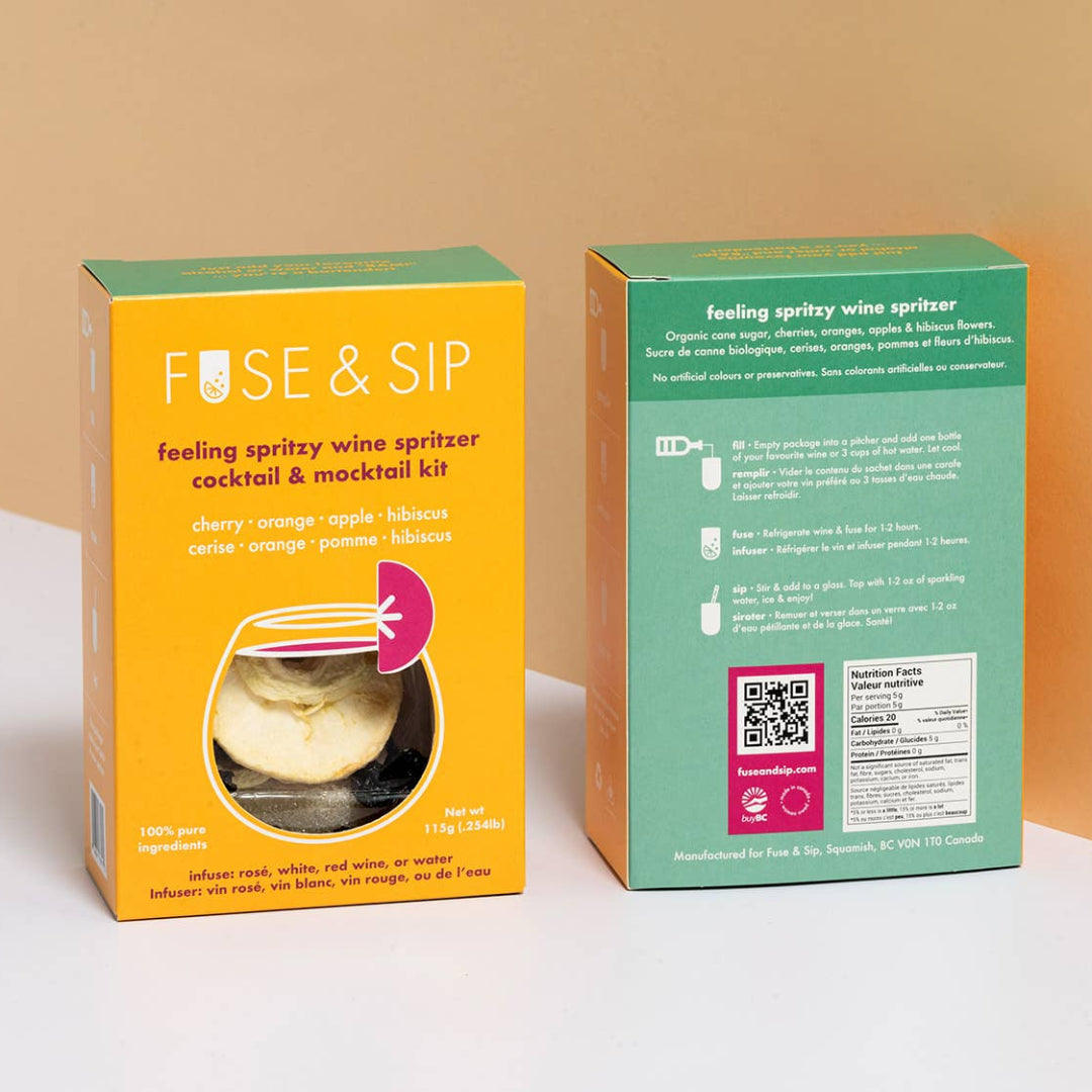 Two boxes of 'Fuse & Sip' cocktail kit on a beige background
