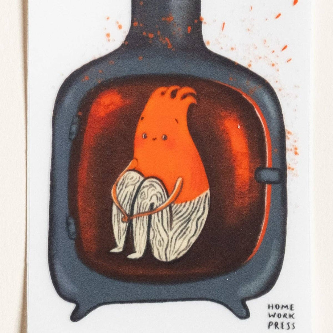 Illustration of a creature inside a vintage television set with 'Home Work Press' branding.