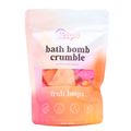 Bath bomb crumble packaging with 'fruit loops' flavor on a white background