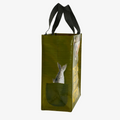 A reusable tote bag with a playful design. The bag is olive green with a black handle. It features a graphic of several kittens peeking out from the top of the bag, with the text "THIS BAG MIGHT BE FULL OF KITTENS" printed below.
