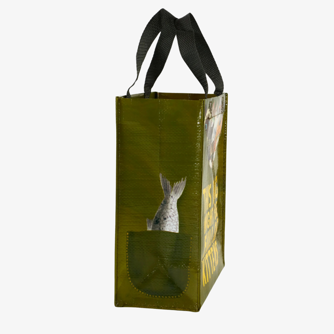 A reusable tote bag with a playful design. The bag is olive green with a black handle. It features a graphic of several kittens peeking out from the top of the bag, with the text "THIS BAG MIGHT BE FULL OF KITTENS" printed below.