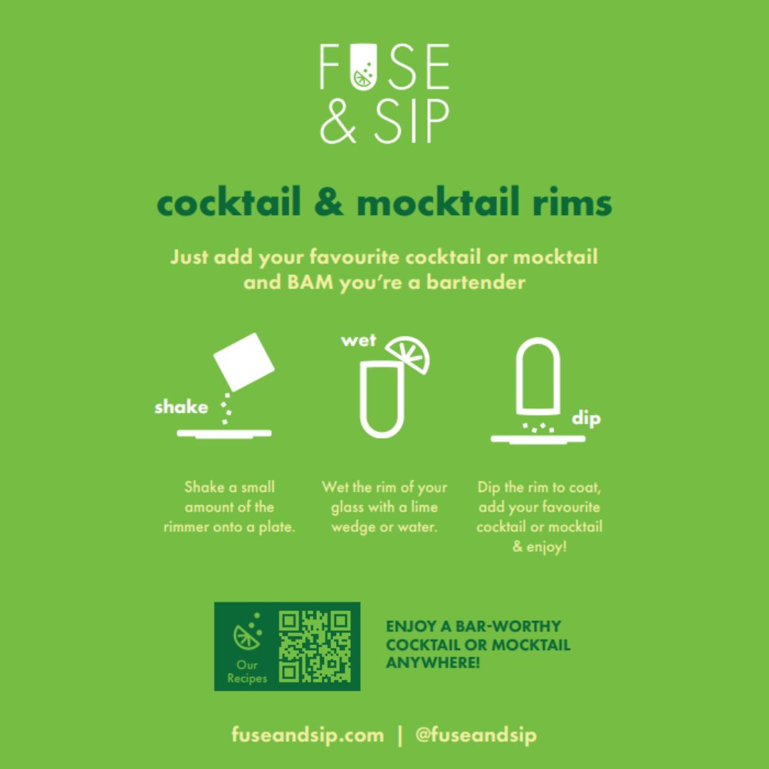 Fuse & SIP cocktail and mocktail rims advertisement on a green background