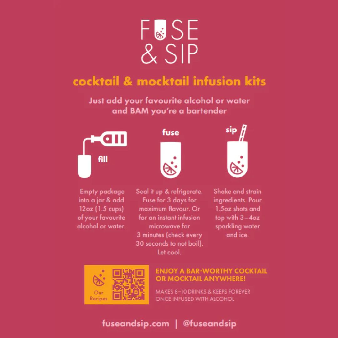 Fuse & Sip cocktail and mocktail infusion kit instructions on a pink background