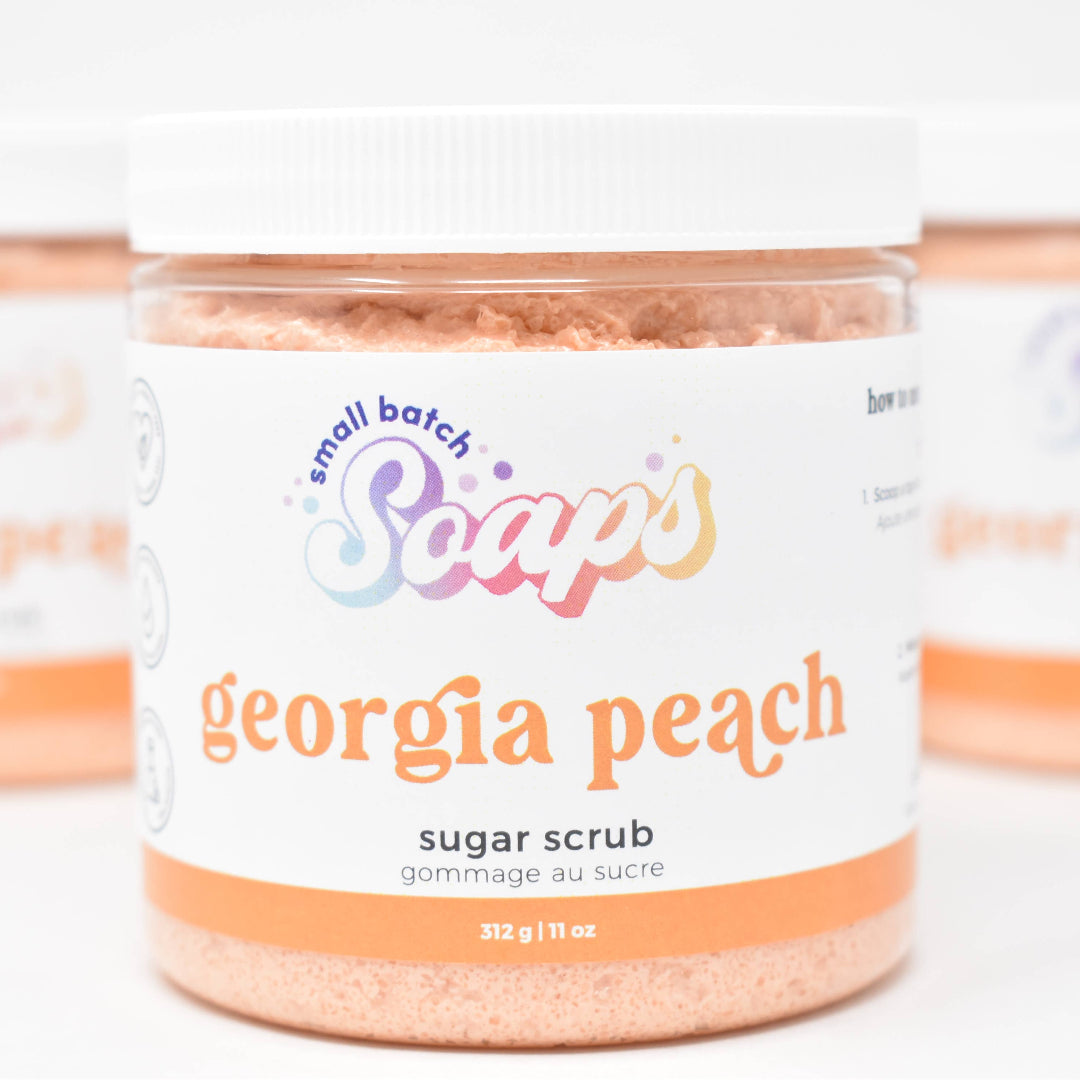 Georgia Peach sugar scrub container with 'Small Batch Soaps' branding on a white background