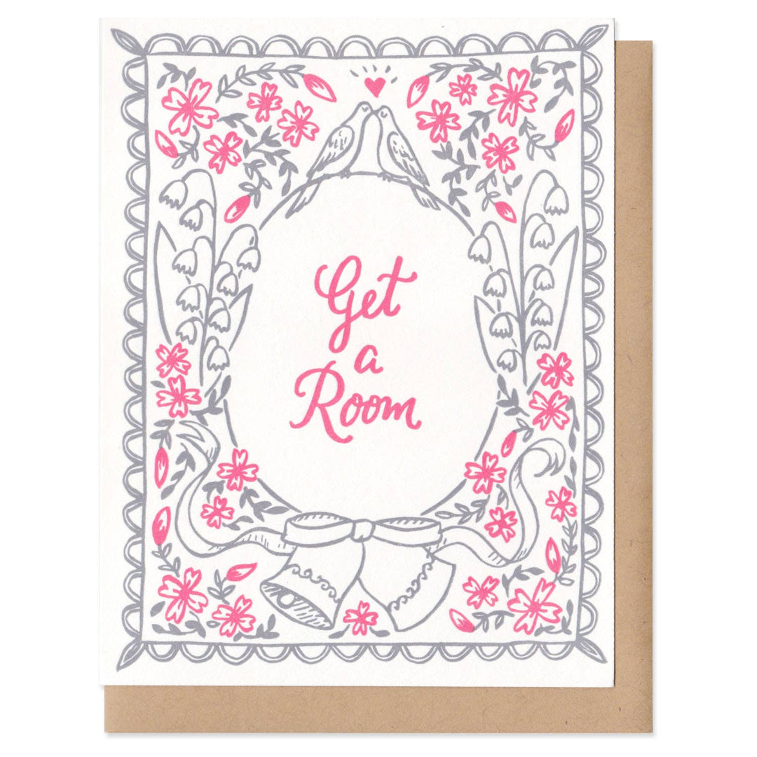 Greeting card with 'Get a Room' text and decorative border on a white background