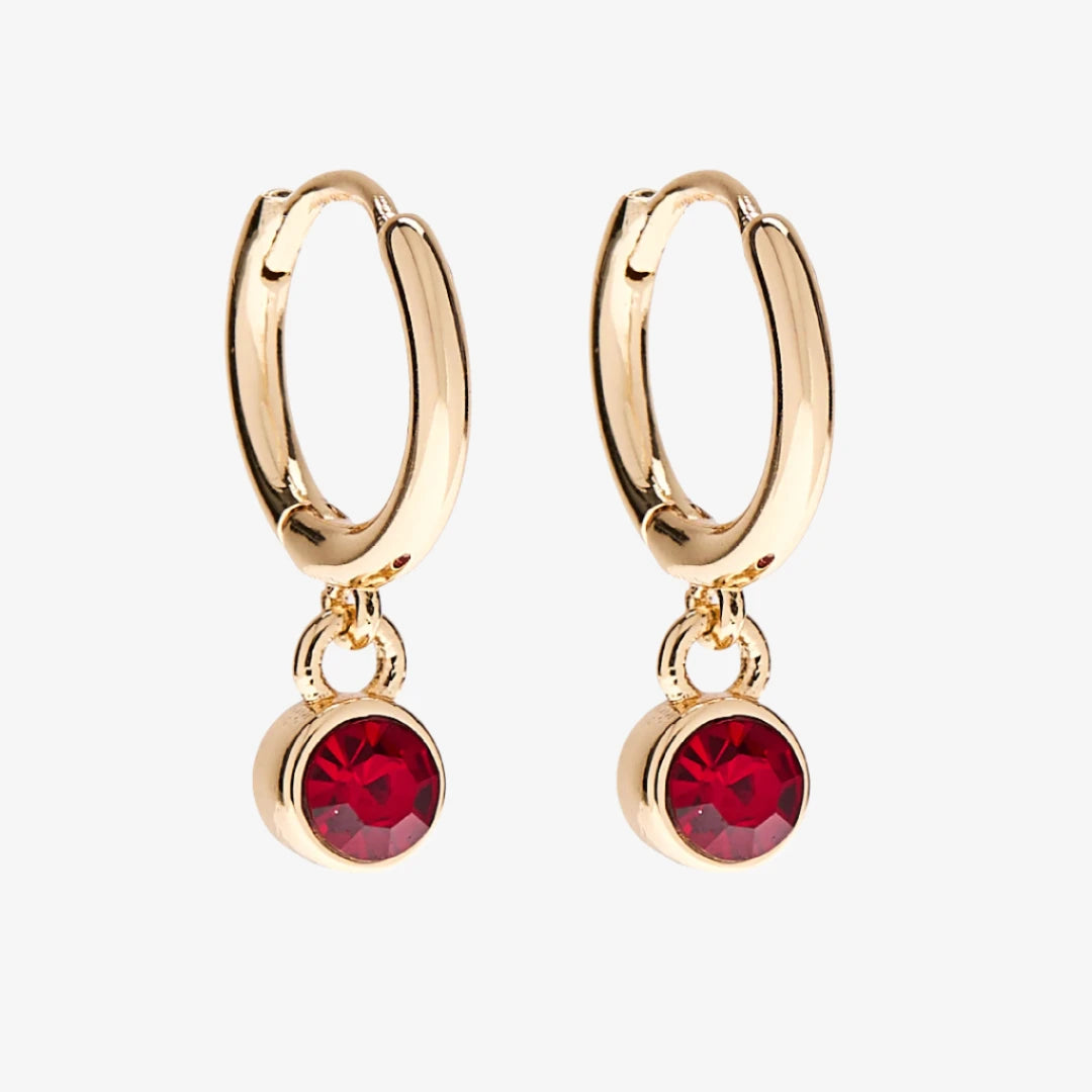 A set of three pairs of garnet earrings displayed on a red card. The set includes a pair of stud earrings, a pair of bar earrings with small garnet beads, and a pair of hoop earrings with dangling garnet stones. The card has the month "January" and the brand name "Foxy Originals."