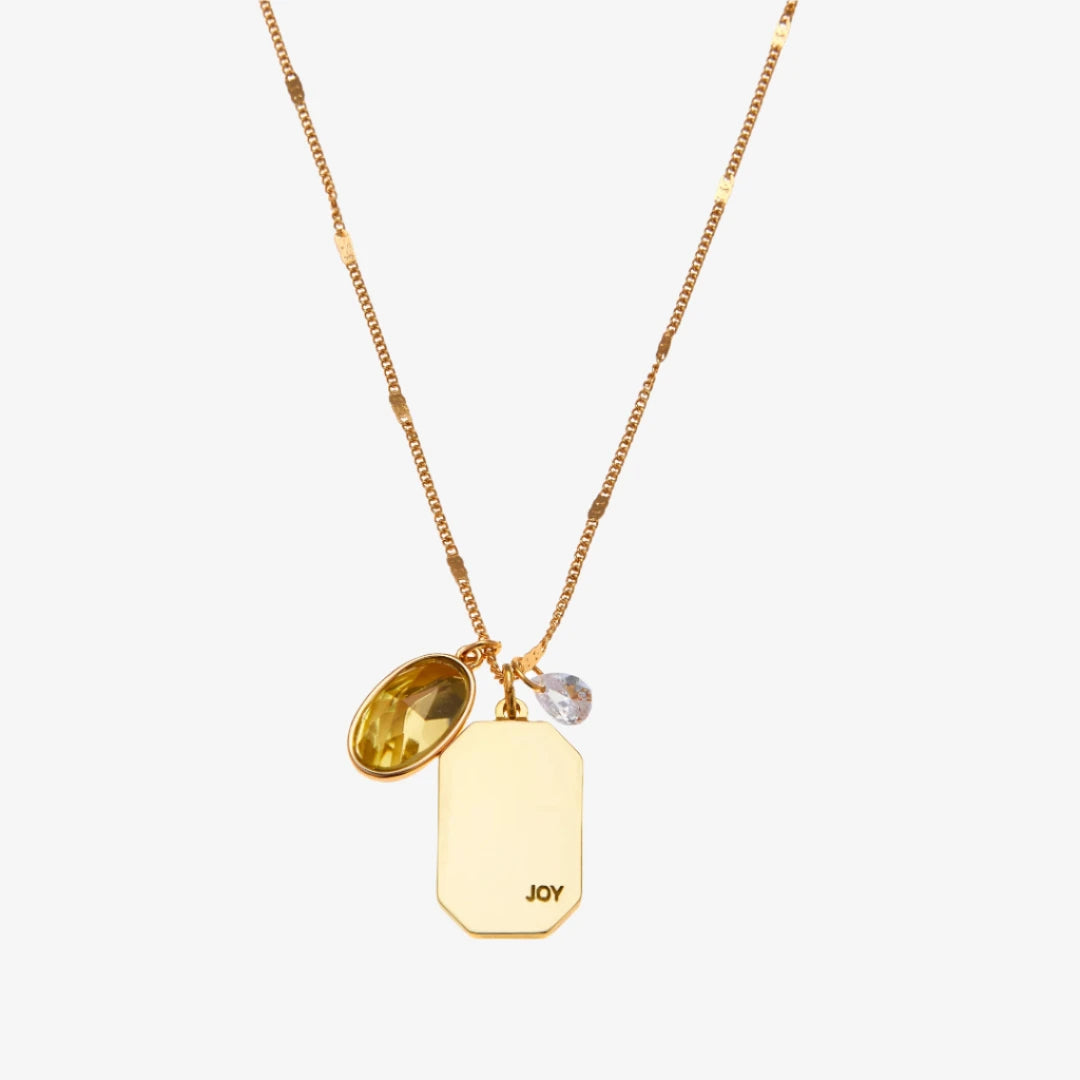 A gold necklace with a citrine stone pendant. The pendant also has the word "JOY" engraved on it. The necklace is displayed on a yellow card with the month "November" and the brand name "Foxy Originals."
