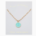 Necklace with a smiley face pendant on a 'Foxy Originals' card.