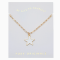 Gold star necklace on a 'Be Nice to Yourself' card with 'Foxy Originals' branding.