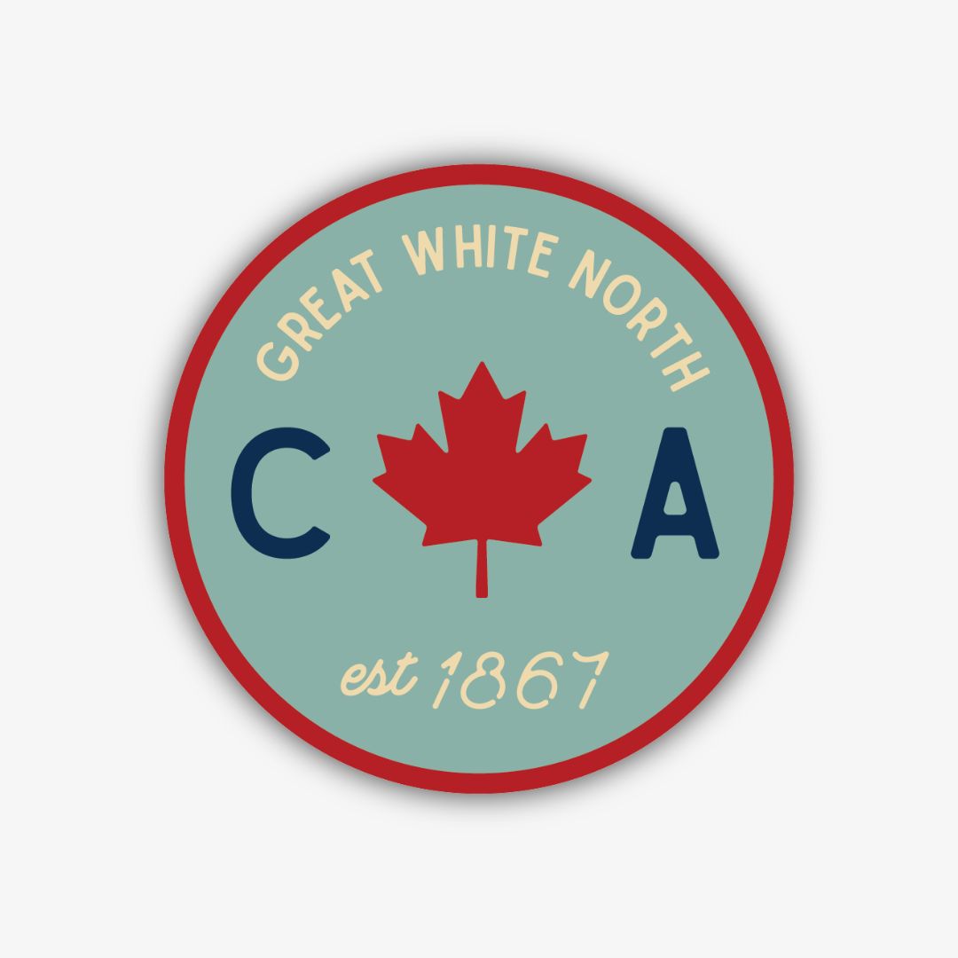 A circular sticker with a red outer border and a light teal inner circle. It features a bold red maple leaf in the centre, flanked by a dark blue 'C' on the left and a dark blue 'A' on the right. Above the leaf, it reads "GREAT WHITE NORTH" in a light cream font, and below, "est 1867" in the same light cream font. The entire sticker has a black outer outline.