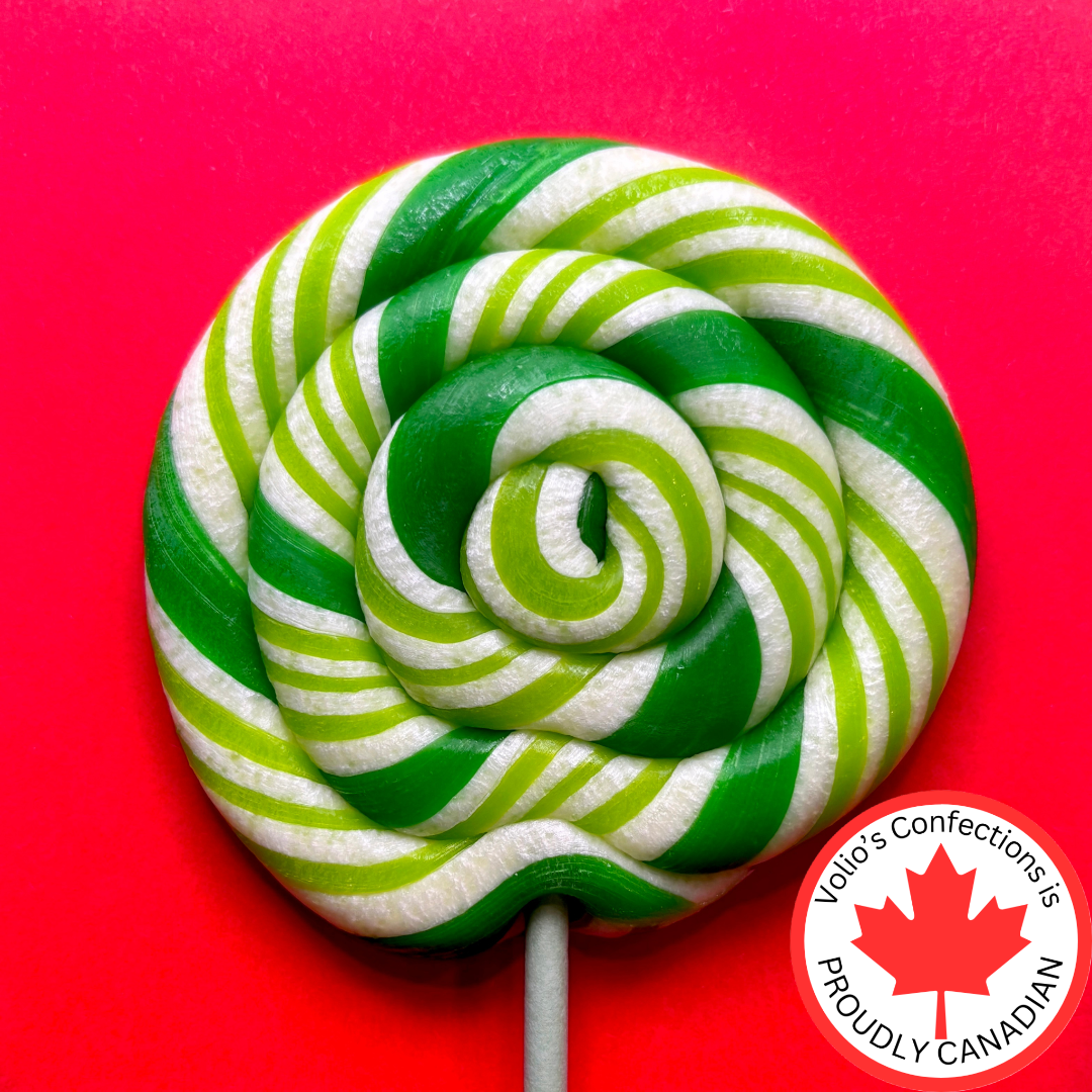 Green and white striped lollipop on a pink background with Jolly's Confections logo.