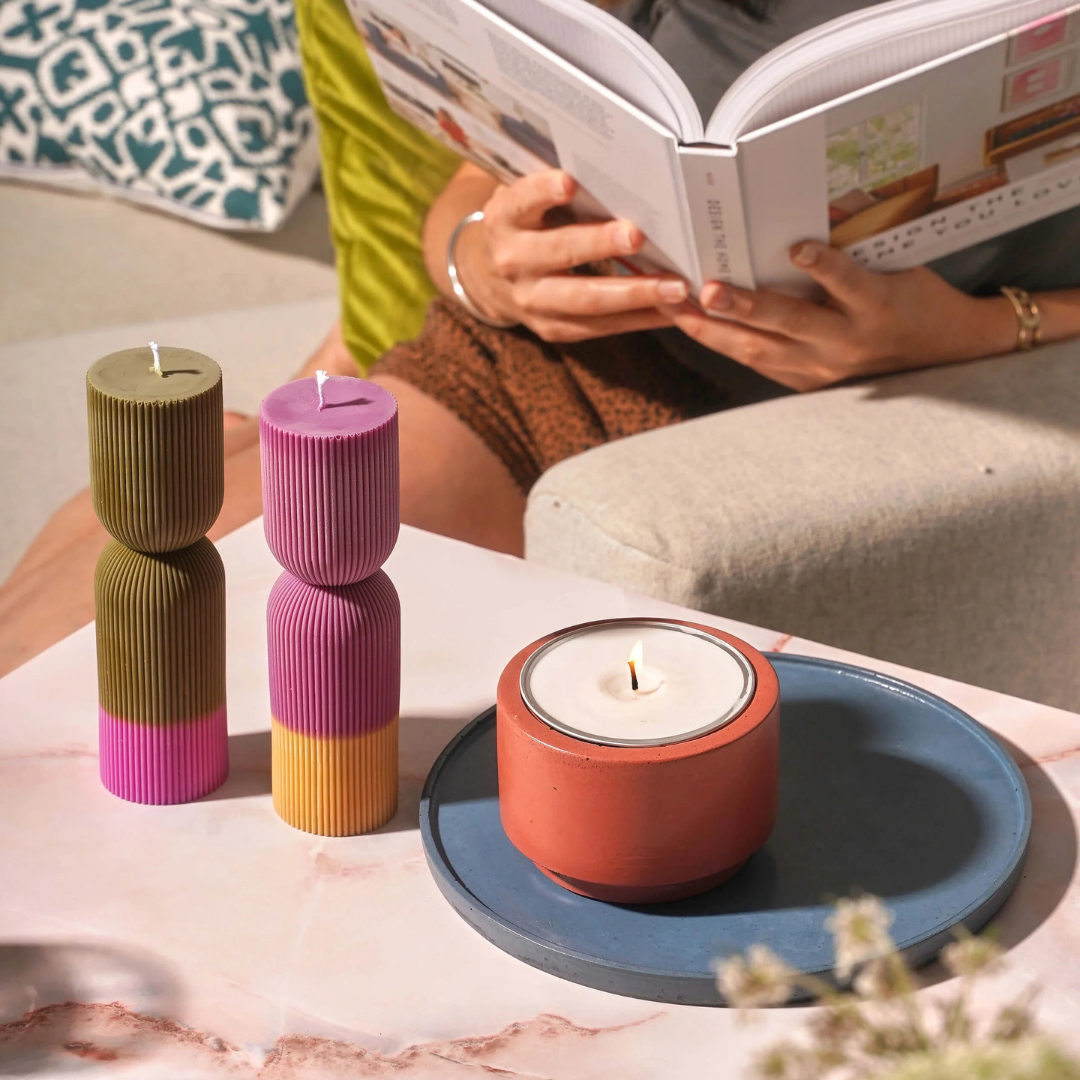 Burnt Orange & Violet Colour Block Pillar Candle