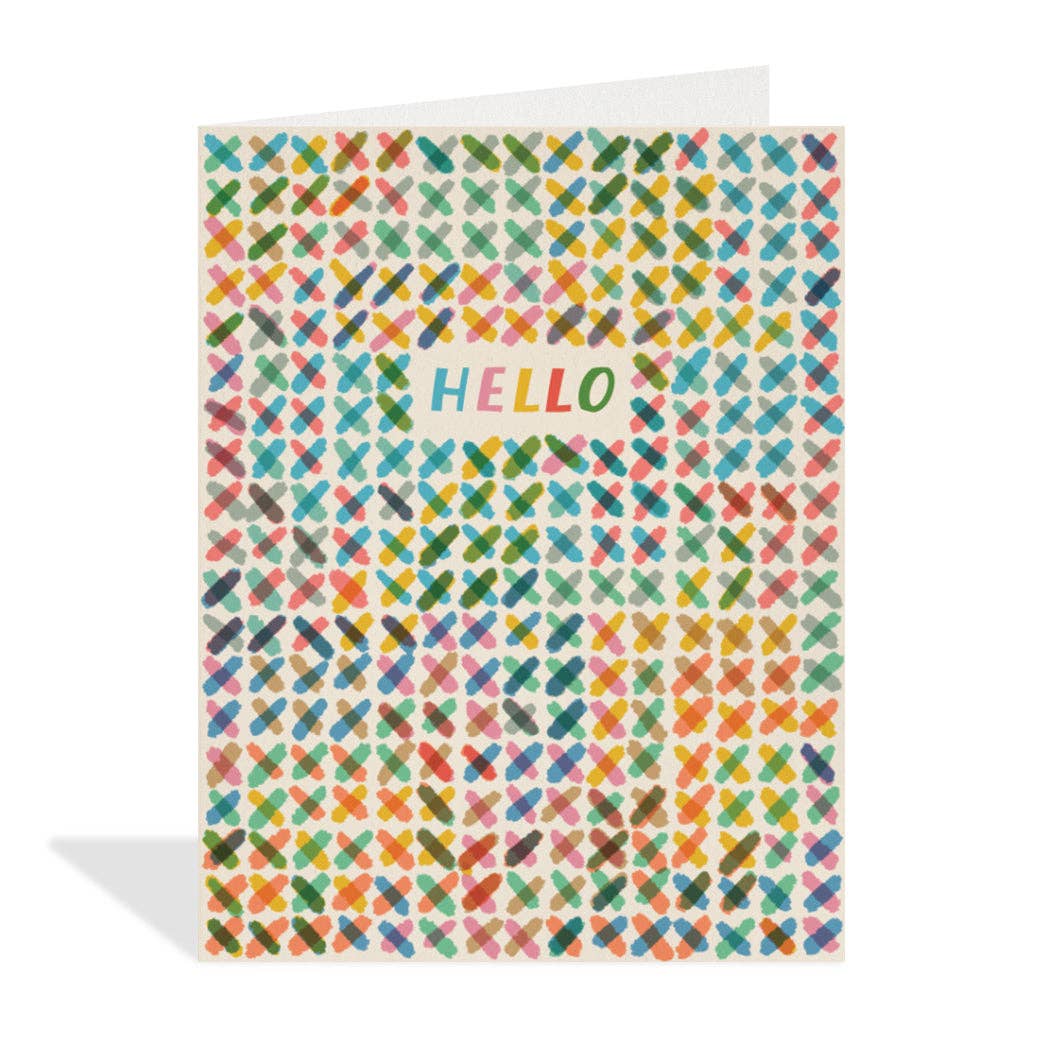Cream-coloured greeting card featuring a dense, colourful pattern of overlapping brushstrokes in shades of blue, green, yellow, orange, pink, and brown, with the word "HELLO" written in a simple, colourful font in the center. Illustrated by Asta Barrington. The card is blank inside.