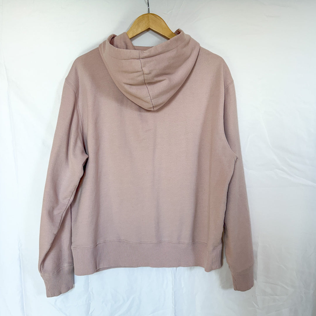 The back view of the same light pink Janet Jackson hoodie, hanging on a wooden hanger against a white background. The back is plain.