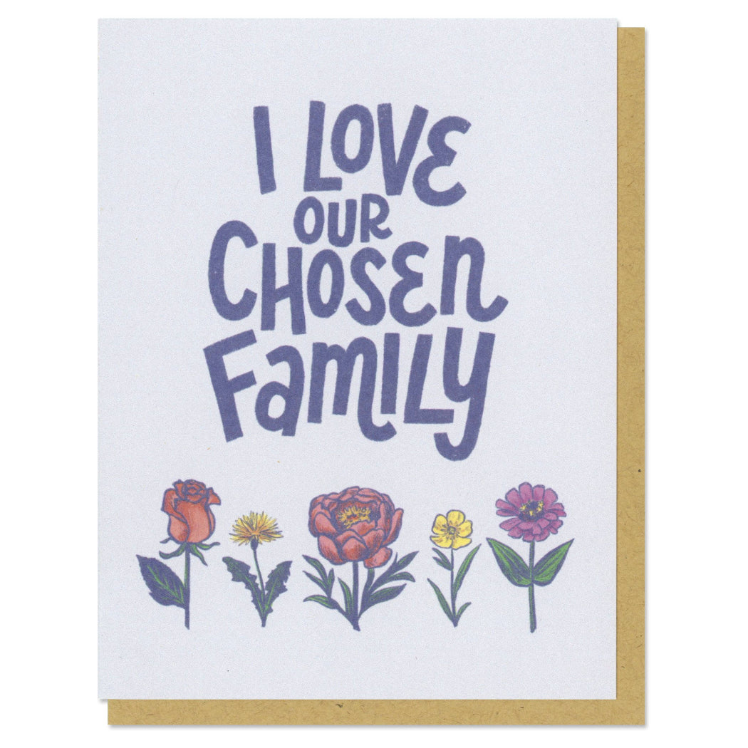 Card with 'I Love Our Chosen Family' text and floral illustrations on a white background