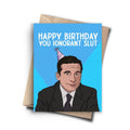 Birthday card with a cartoon character wearing a party hat and text on a blue background
